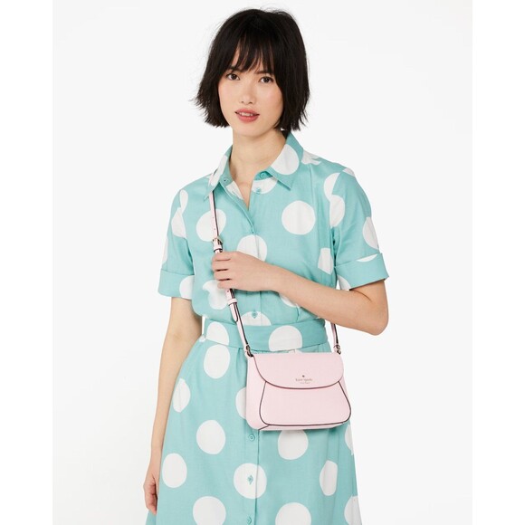 New Kate Spade Monica Mini Flap Crossbody bag Pebble Leather Shimmer Pink - Picture 3 of 5